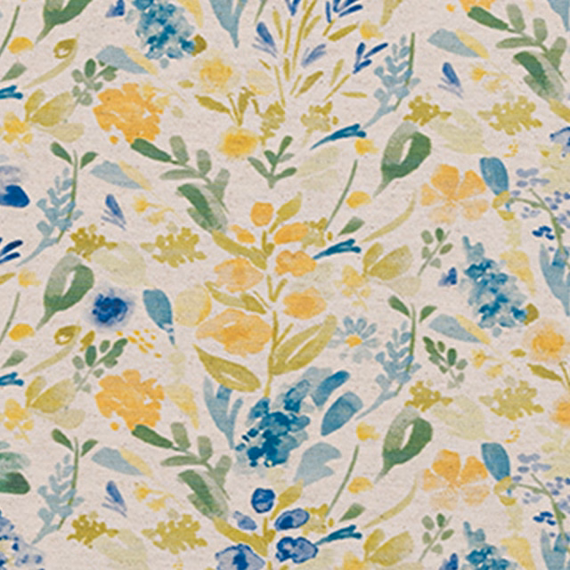 Botanical print swatch with teal, blue, yellow and green meadow flowers