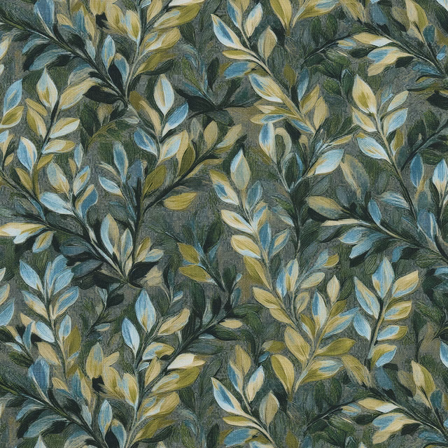 Leafy botanical cotton print in verdigris green, blue and gold tones