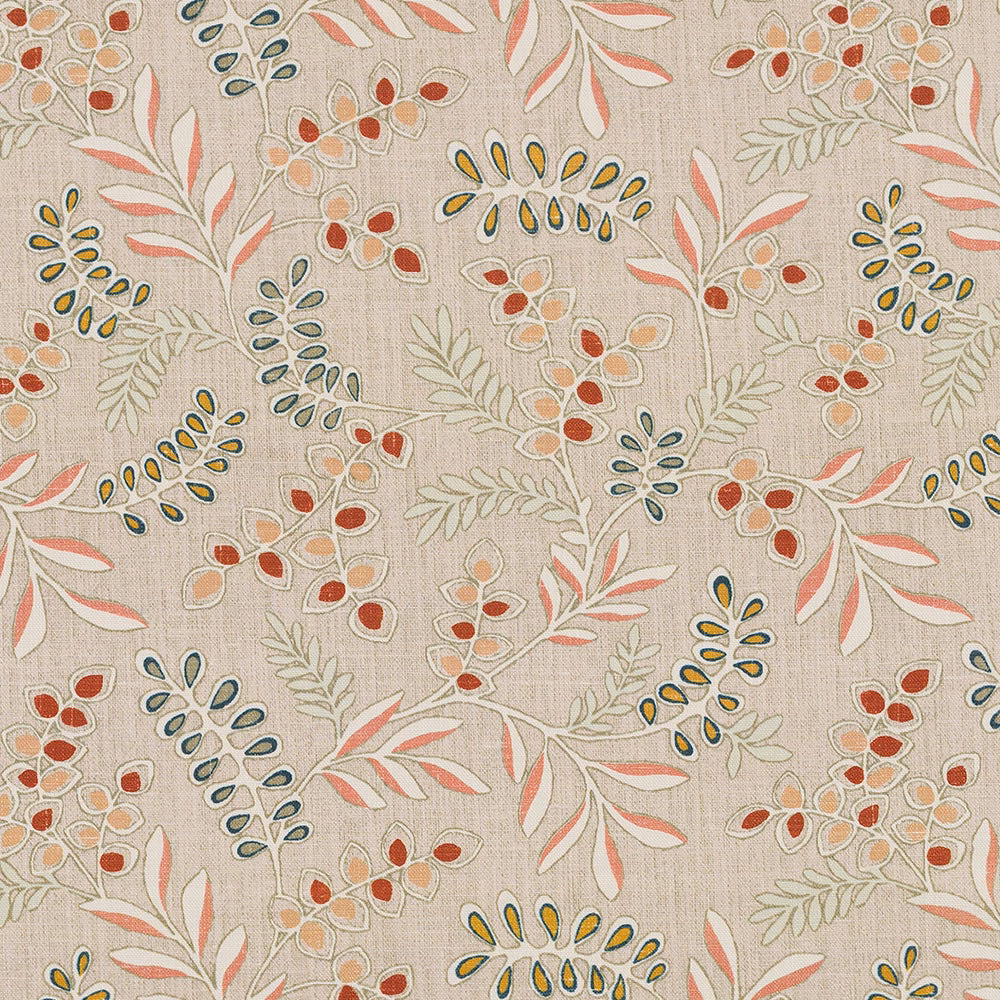 Botanical printed cotton with burnt sienna, coral, sage and mustard motifs on oatmeal ground