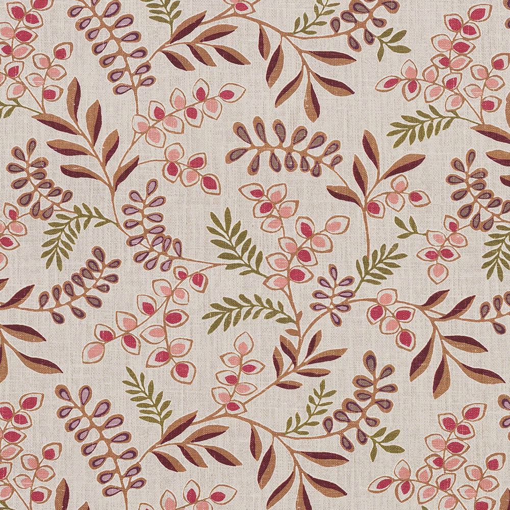 Botanical cotton fabric with chilli red, berry pink and olive leaf motif on ivory ground