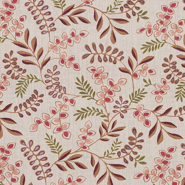 Botanical cotton fabric with chilli red, berry pink and olive leaf motif on ivory ground