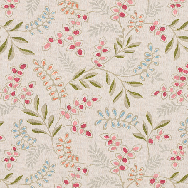 Cream cotton fabric with scattered pink, blue, coral and sage floral sprigs