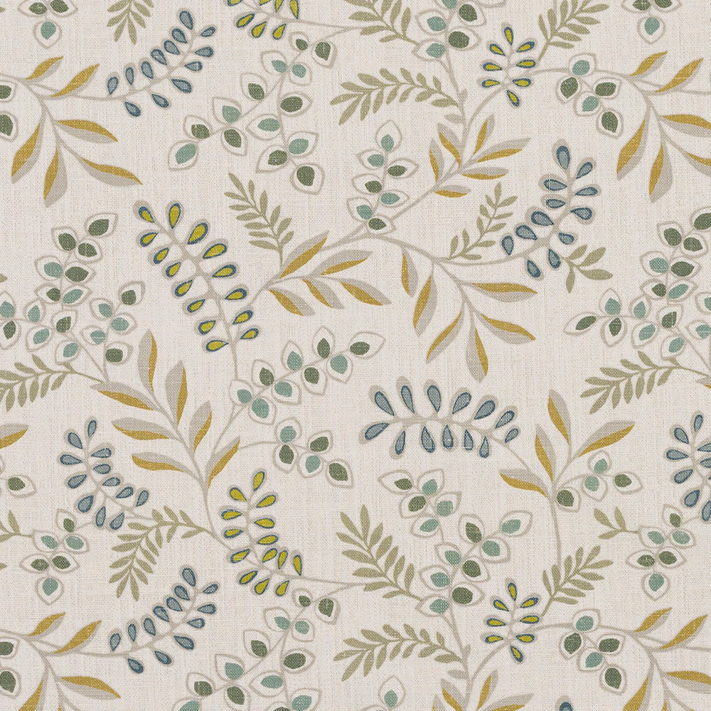Ivory cotton fabric with trailing leafy botanical print in verdigris, sage and mustard