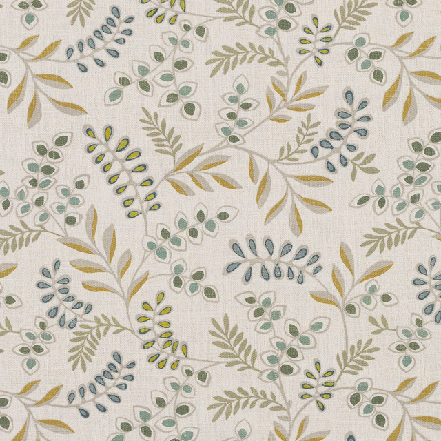 Ivory cotton fabric with trailing leafy botanical print in verdigris, sage and mustard