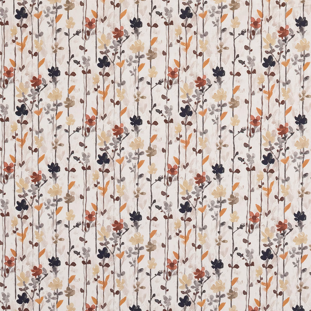 Printed fabric swatch with slender floral stems in rust, navy, ochre and beige on a pale ground