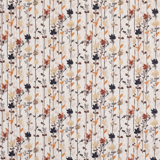 Printed fabric swatch with slender floral stems in rust, navy, ochre and beige on a pale ground