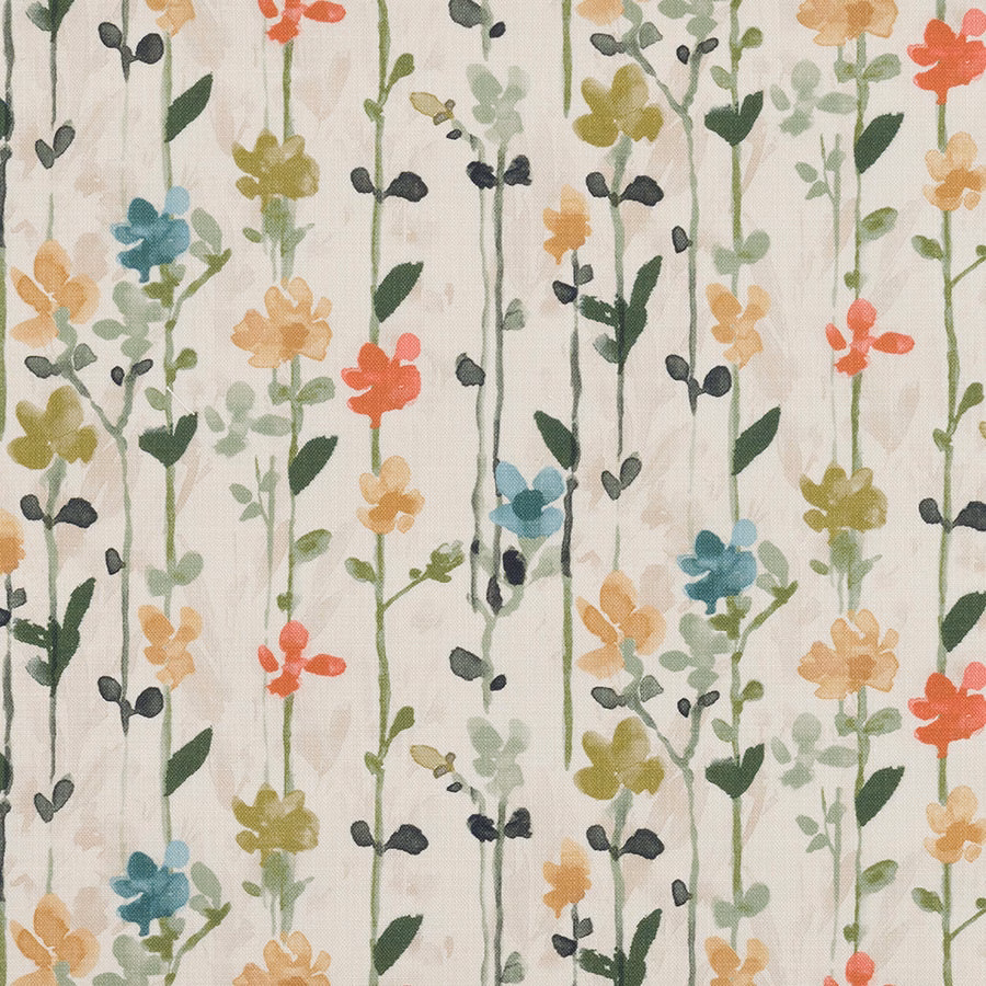 Painterly floral cotton in muted woodland green, coral, teal and mustard on ivory