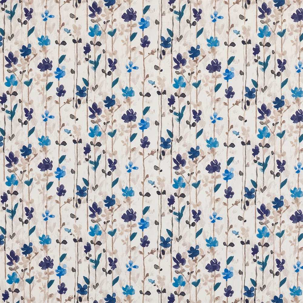 Painterly indigo and teal floral sprigs on an ivory cotton ground