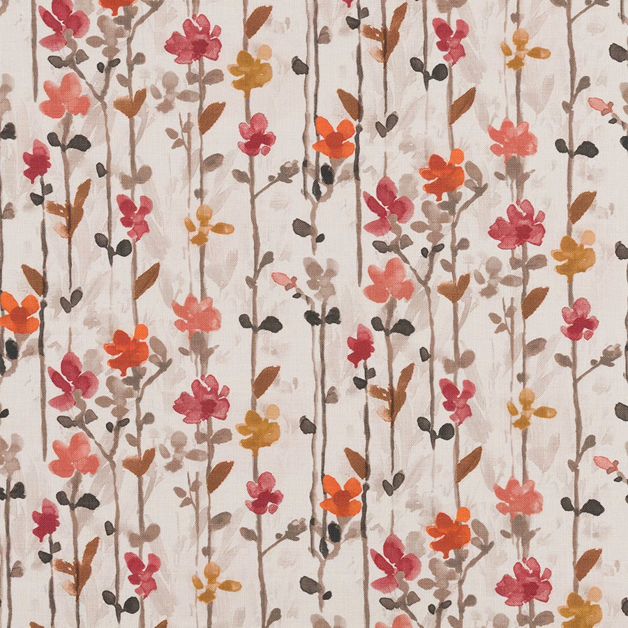 Raspberry and coral floral stems on an ivory cotton ground