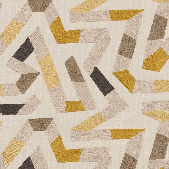 Cream geometric woven fabric with mustard, taupe and charcoal angular bands