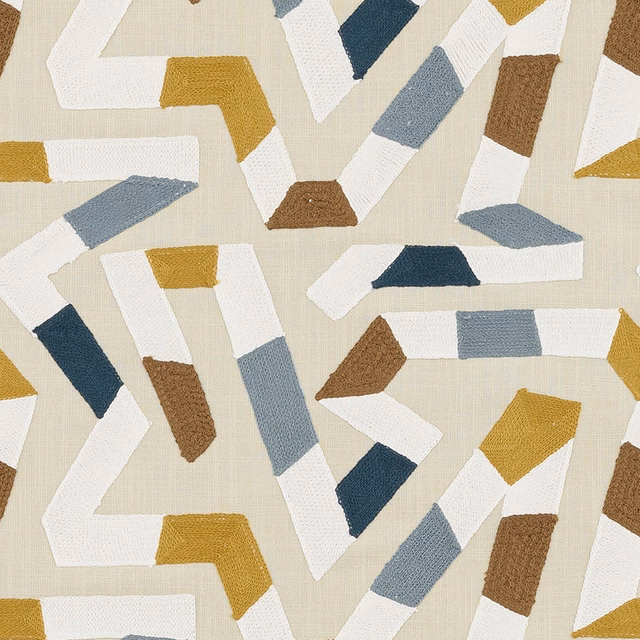 Geometric ribbon pattern in seafoam, white, mustard, blue-grey and tan on a pale ground