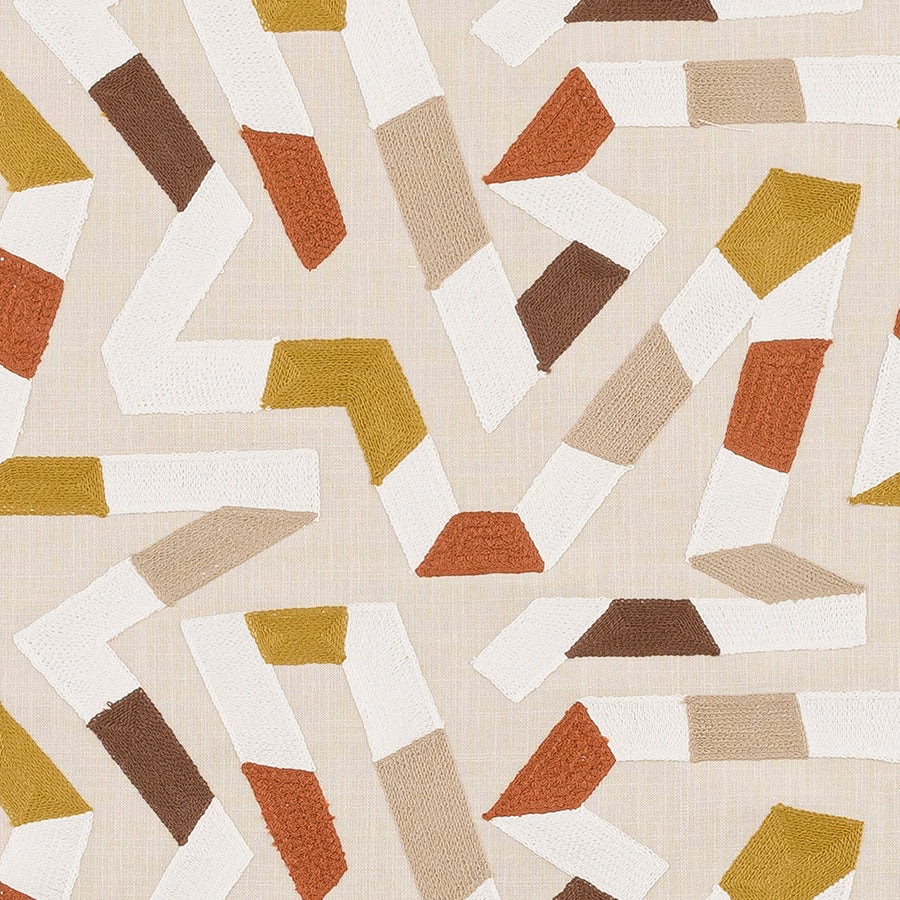 Geometric woven fabric swatch in ivory, spice orange, mustard, beige and brown
