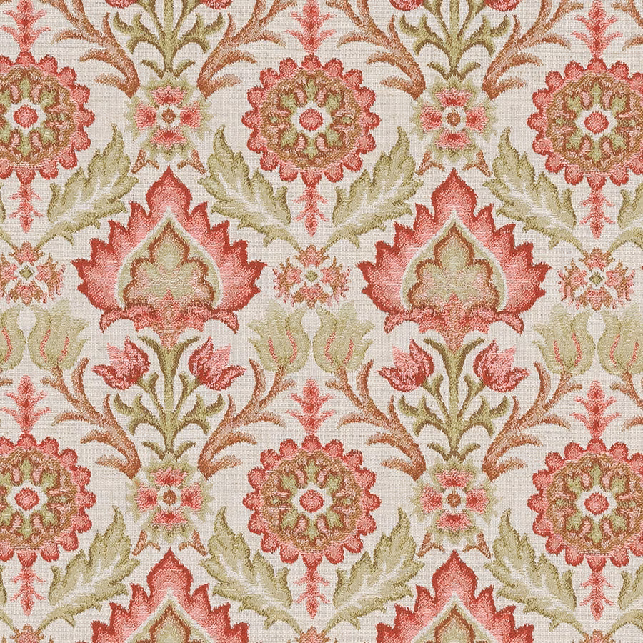 Swatch of coral and sage chintz floral on warm ivory woven ground