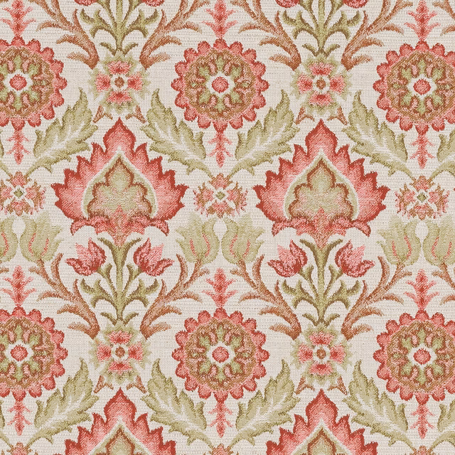 Swatch of coral and sage chintz floral on warm ivory woven ground