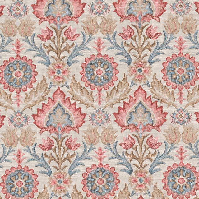 Cream floral fabric with blush pink, sky blue and beige motifs