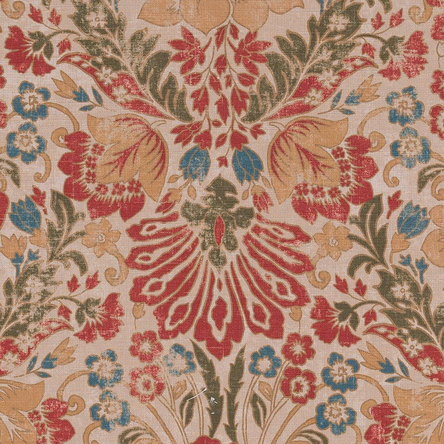Antique beige damask fabric with rose red, teal, olive and gold motifs