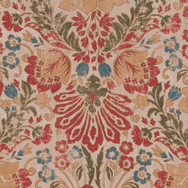 Antique beige damask fabric with rose red, teal, olive and gold motifs