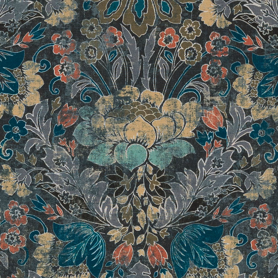 Dark teal damask fabric with jade, gold and coral botanical motifs
