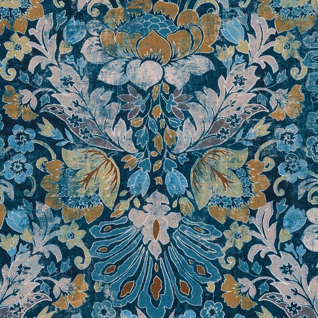 Large damask fabric in deep teal with aqua, blush and ochre motifs
