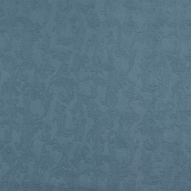 Blue jacquard fabric with raised floral damask pattern and soft texture