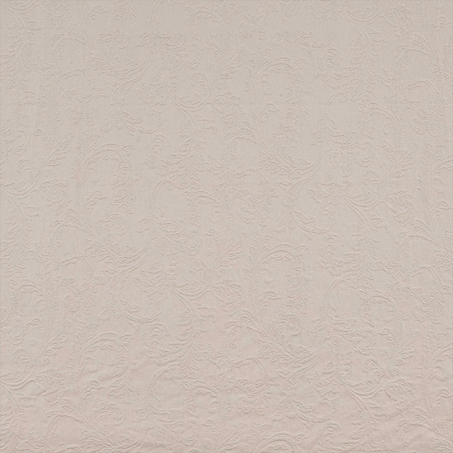 Pale ivory fabric swatch with subtle raised damask scroll texture
