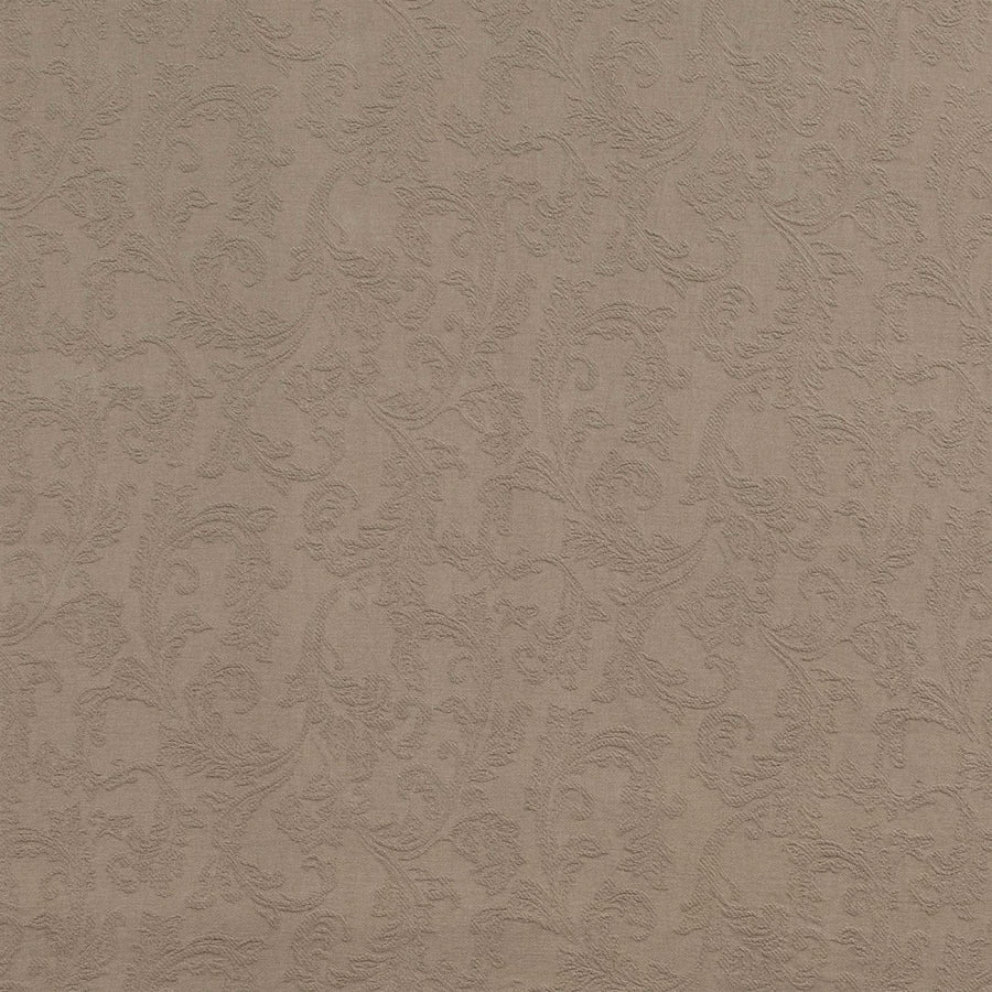 Taupe jacquard fabric with raised floral scroll pattern and matte texture