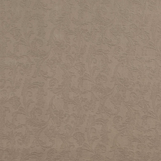 Taupe jacquard fabric with raised floral scroll pattern and matte texture