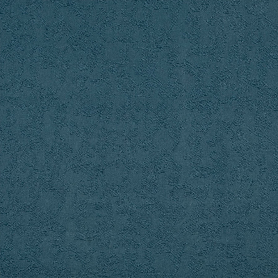 Deep teal damask fabric with a matte, tonal woven texture