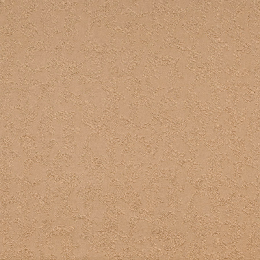 Warm wheat beige damask fabric with subtle raised scroll pattern