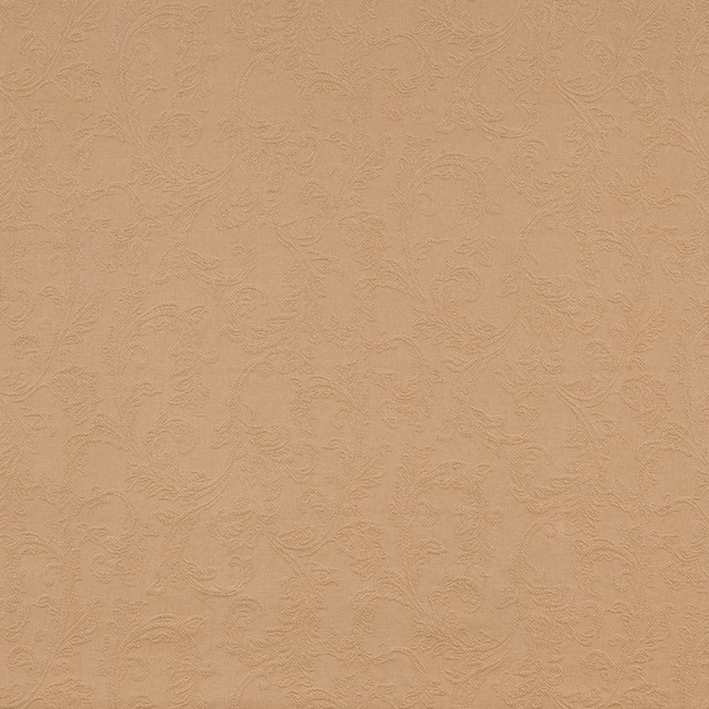 Warm wheat beige damask fabric with subtle raised scroll pattern