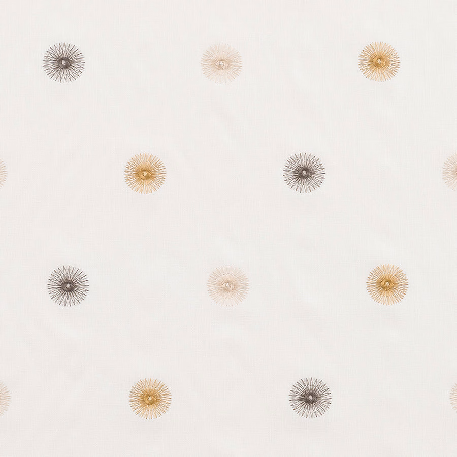 Ivory fabric with scattered taupe and gold starburst motifs