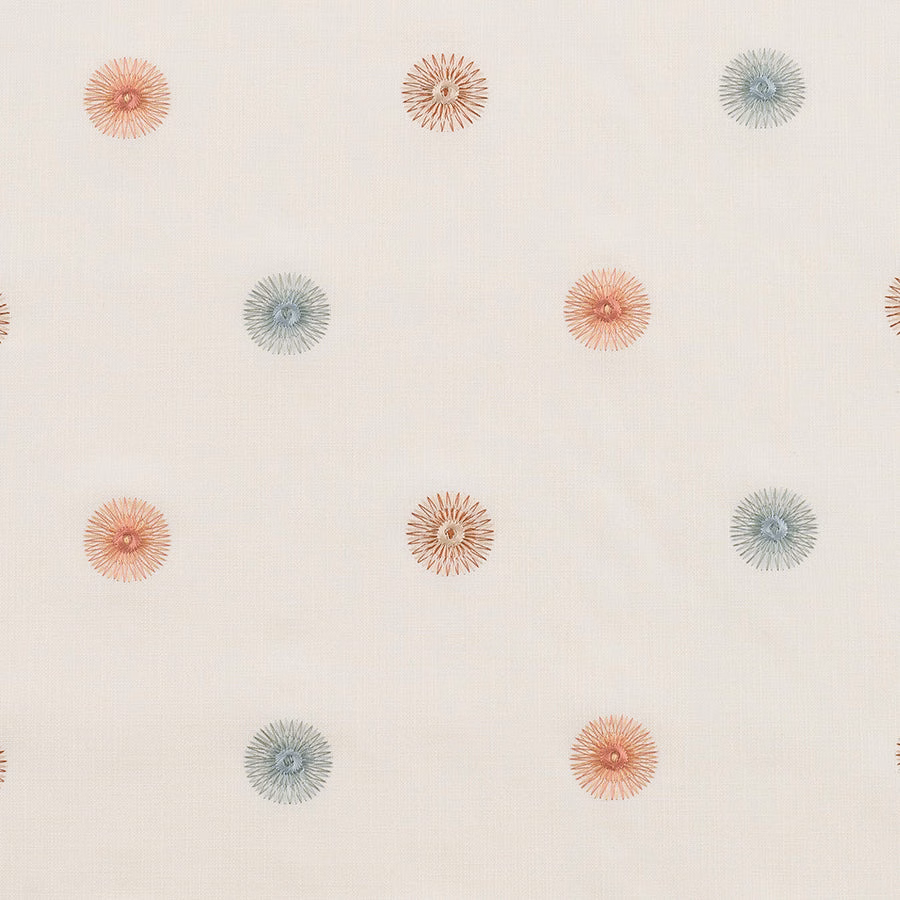 Pale ground fabric with spaced small teal and coral spiky medallions