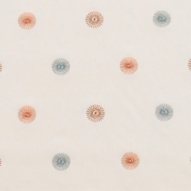 Pale ground fabric with spaced small teal and coral spiky medallions