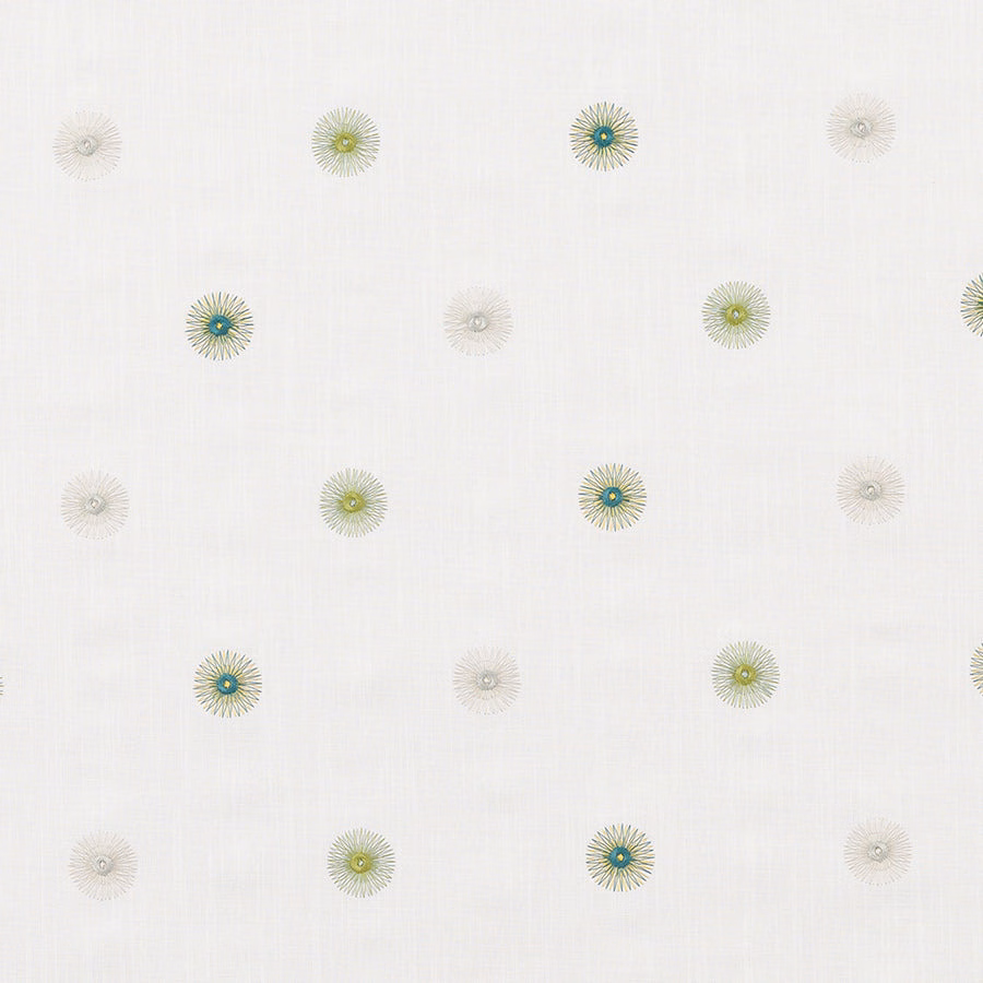 Pale fabric swatch with scattered small verdigris and green starburst rosettes