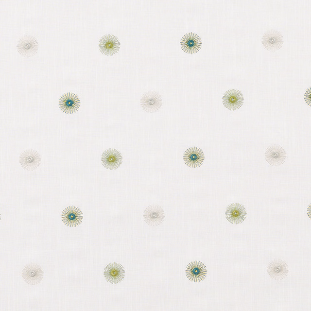 Pale fabric swatch with scattered small verdigris and green starburst rosettes