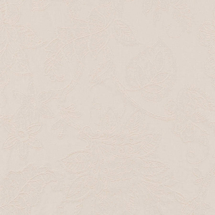 Pale chalk ivory damask fabric swatch with softly raised tonal pattern