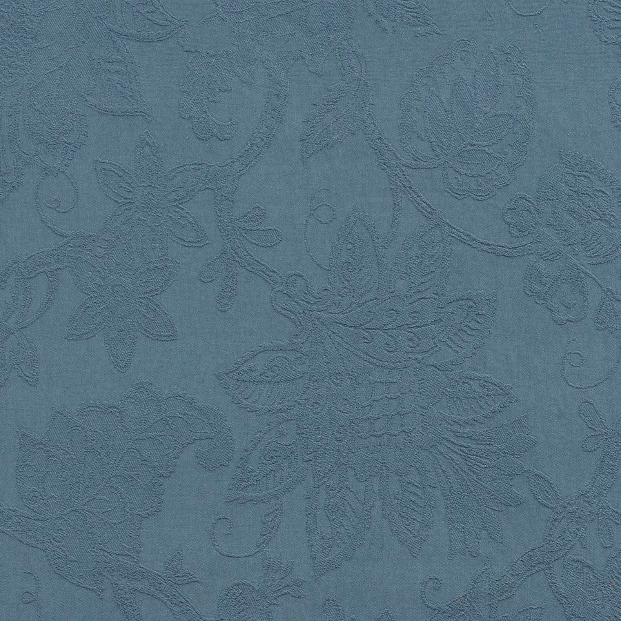 Soft French blue floral damask fabric with raised tonal texture