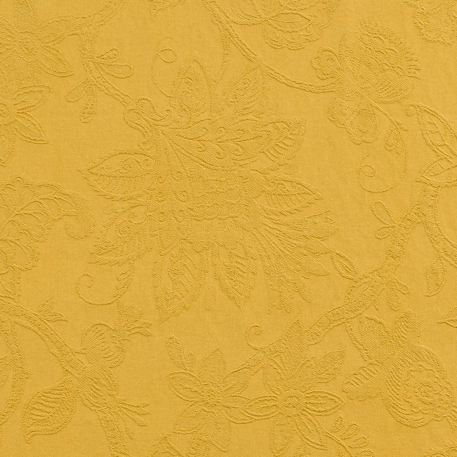Soft mustard gold floral damask fabric with raised tonal leaf motifs