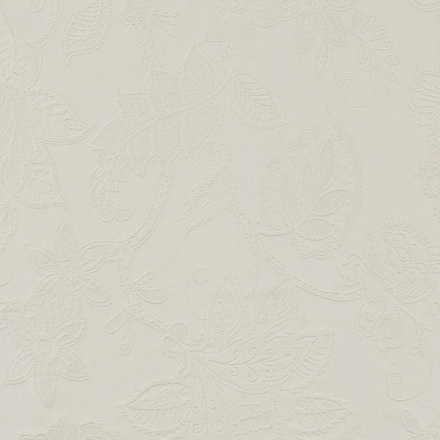 Soft ivory embossed floral fabric with scrolling leaf motif and textured weave