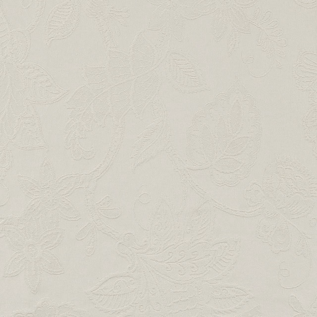 Soft ivory embossed floral fabric with scrolling leaf motif and textured weave