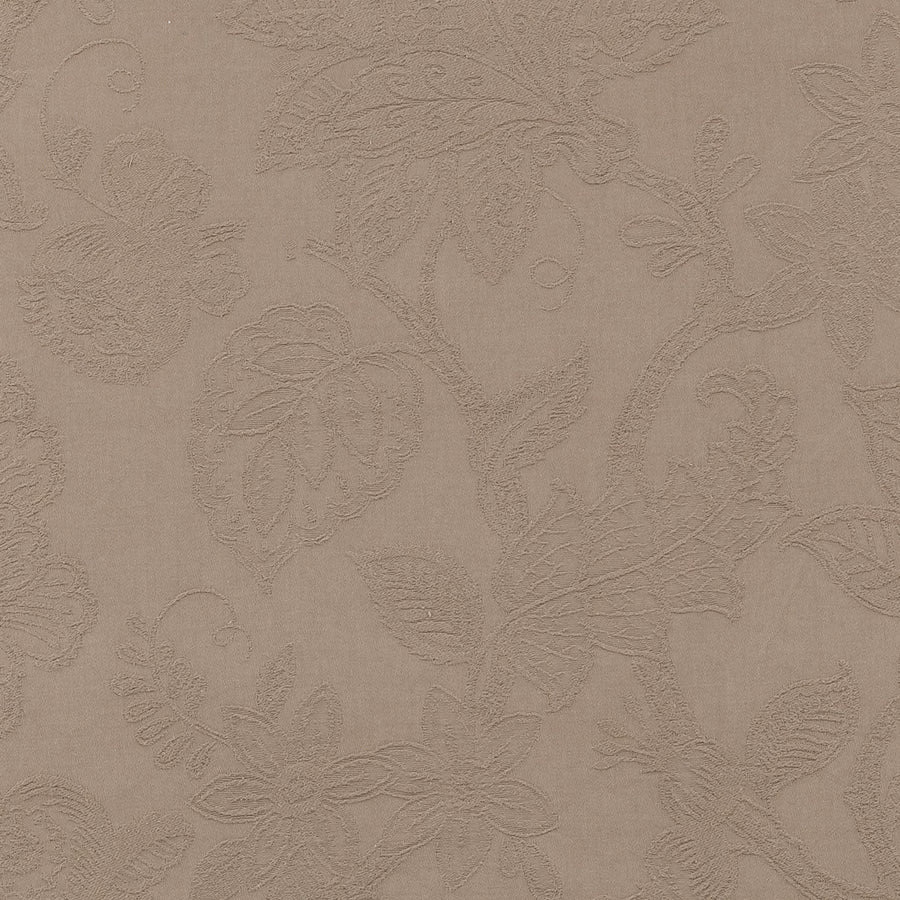 Warm taupe floral fabric with raised tone-on-tone motif and textured surface