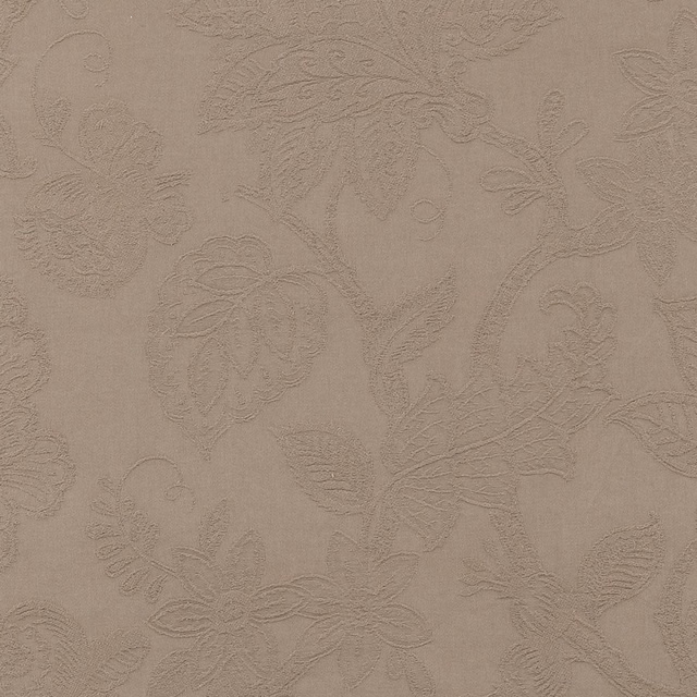 Warm taupe floral fabric with raised tone-on-tone motif and textured surface