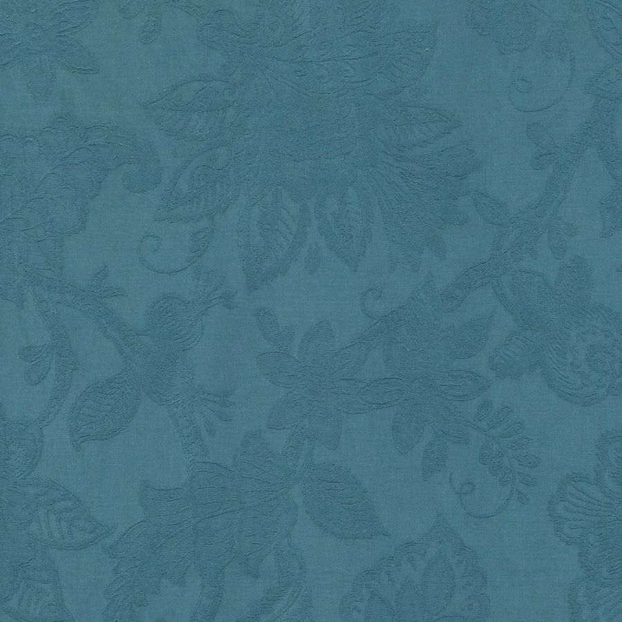 Muted teal floral woven fabric with subtle tonal leaf and scroll pattern