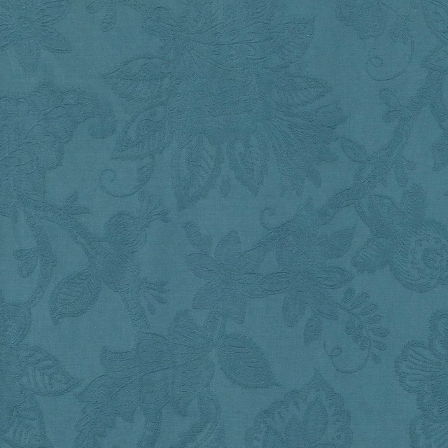 Muted teal floral woven fabric with subtle tonal leaf and scroll pattern