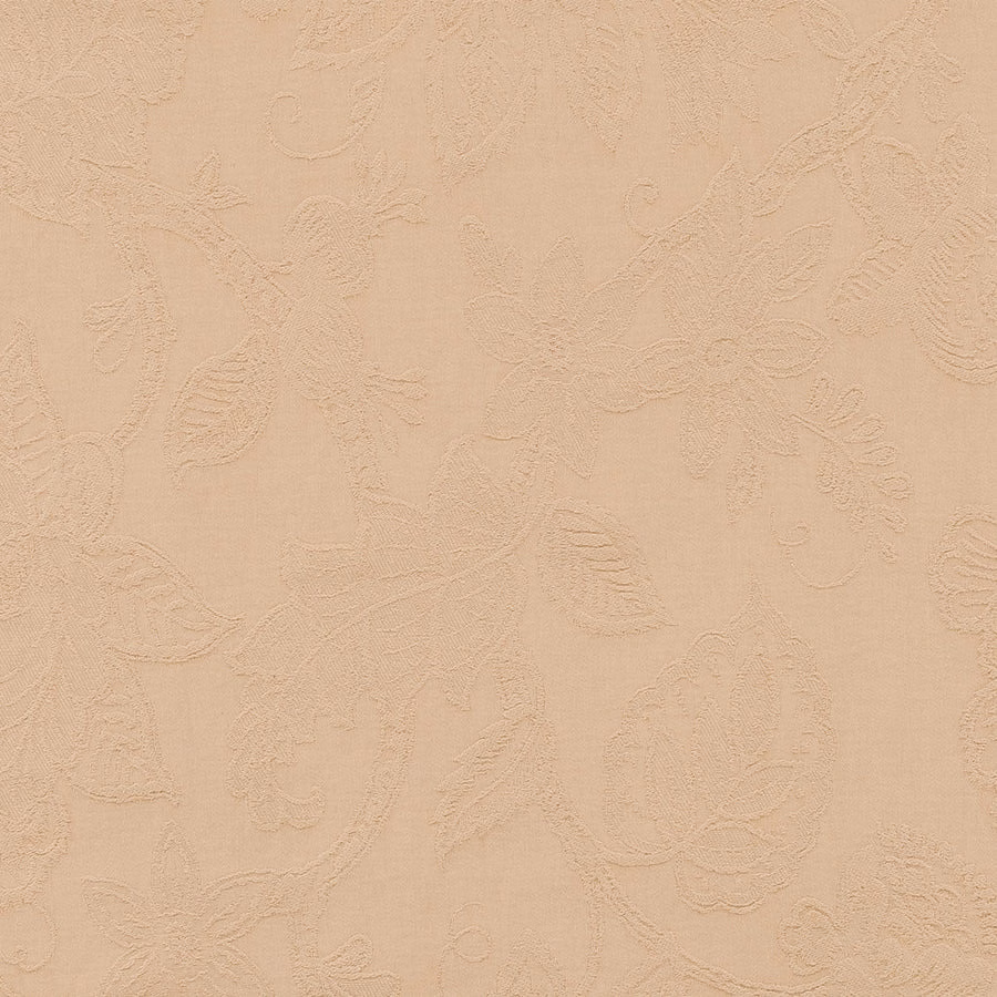 Warm wheat beige floral fabric with a subtle raised leaf and scroll pattern