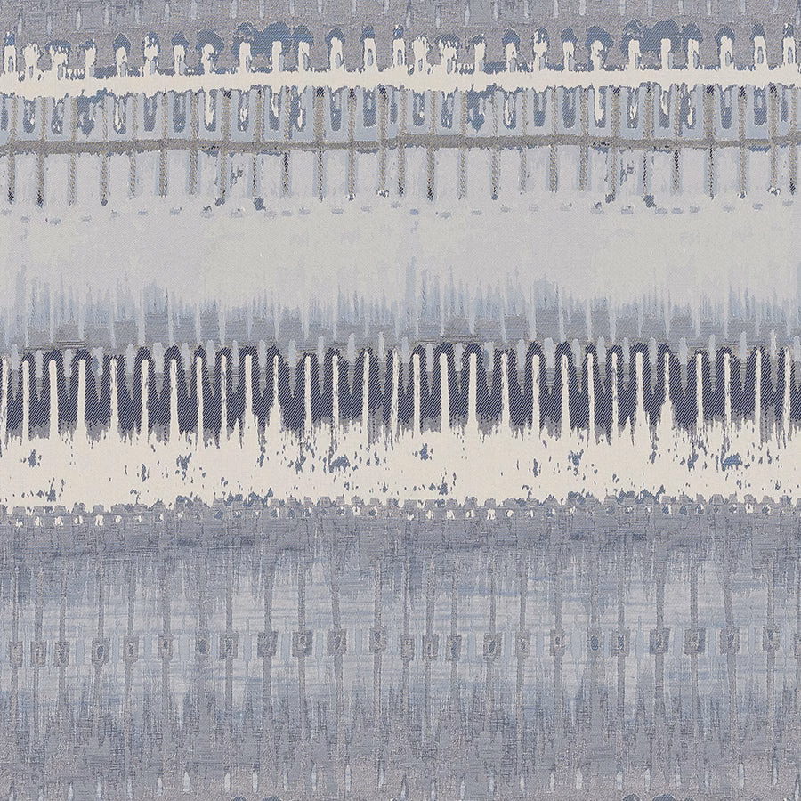 Blue-grey striped woven fabric swatch with distressed indigo bands