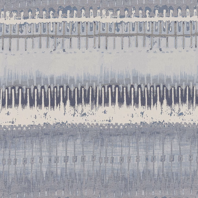Blue-grey striped woven fabric swatch with distressed indigo bands