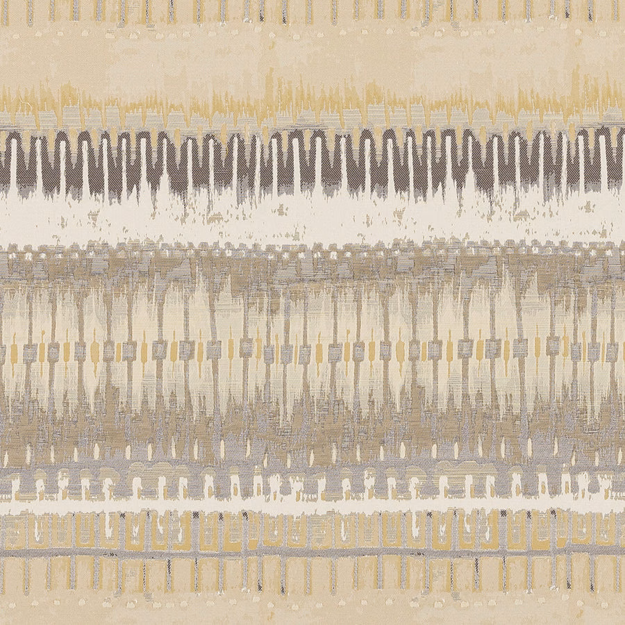 Neutral geometric fabric swatch with layered zig-zag and stripe bands in oat, taupe and graphite