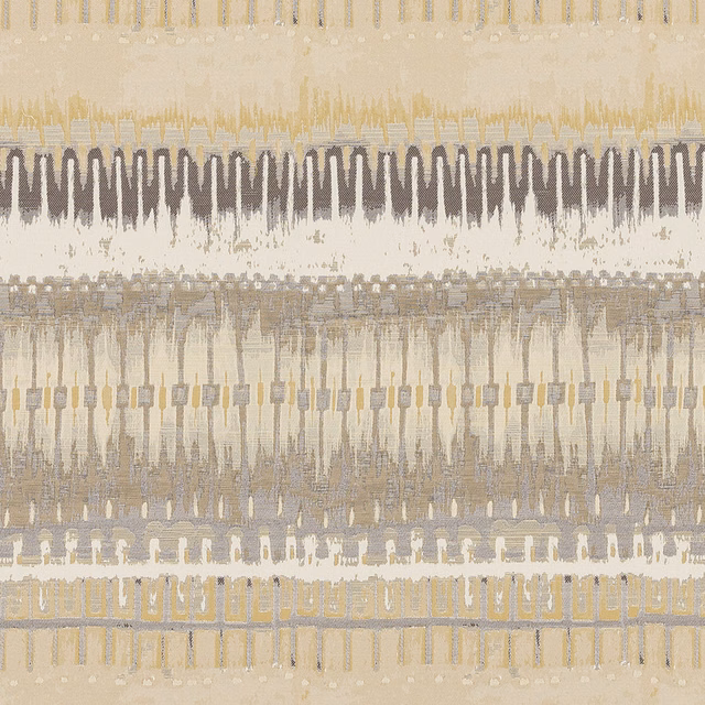 Neutral geometric fabric swatch with layered zig-zag and stripe bands in oat, taupe and graphite
