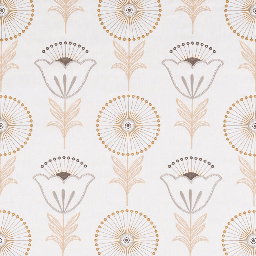 Ivory patterned fabric with gold circular motifs and taupe floral outlines